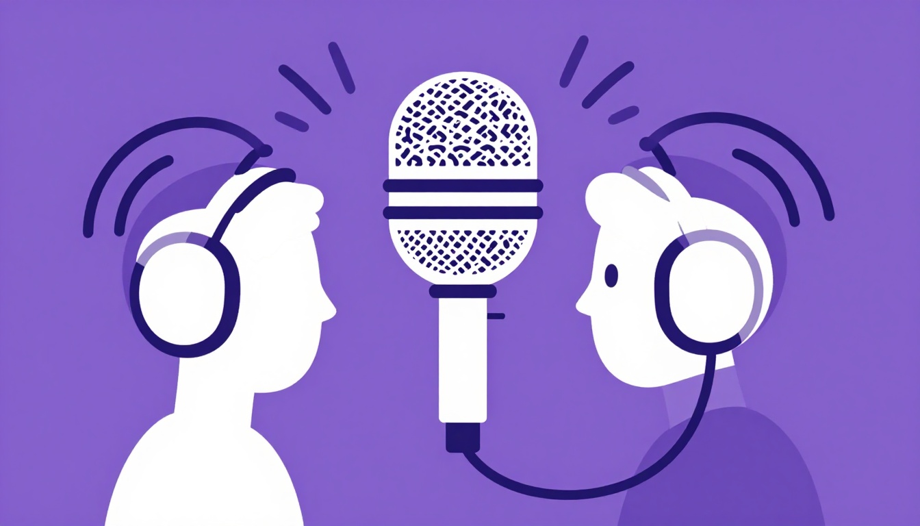 Un micrófono y unos auriculares junto a dos personas que hablan entre sí, para practicar preguntas con why en voz alta