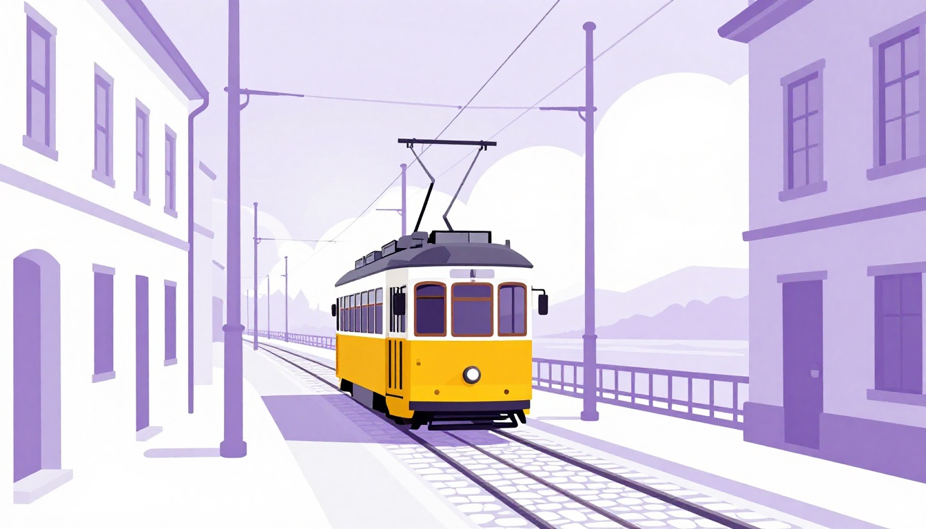Yellow tram climbing a Lisbon hill street on a mild, cloudy February day