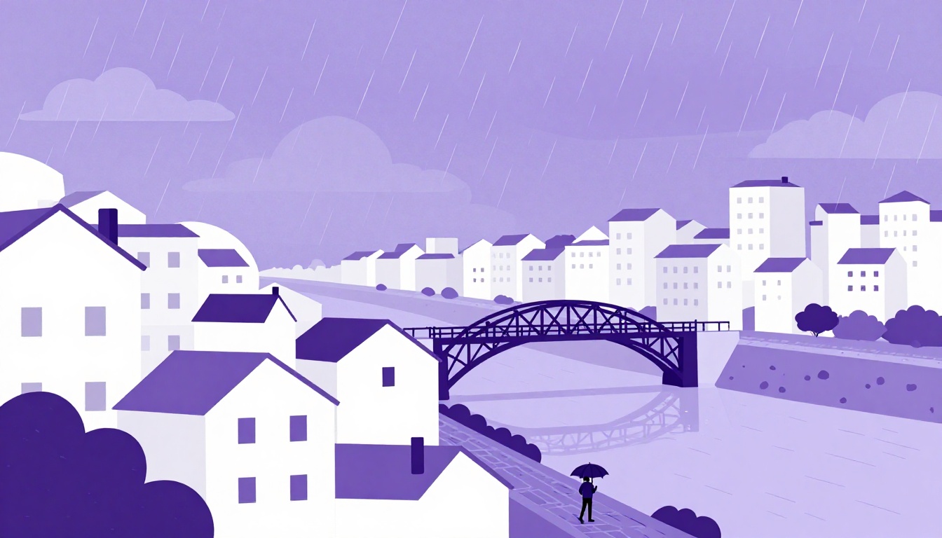 Porto rooftops and river under grey rain clouds with a person holding an umbrella