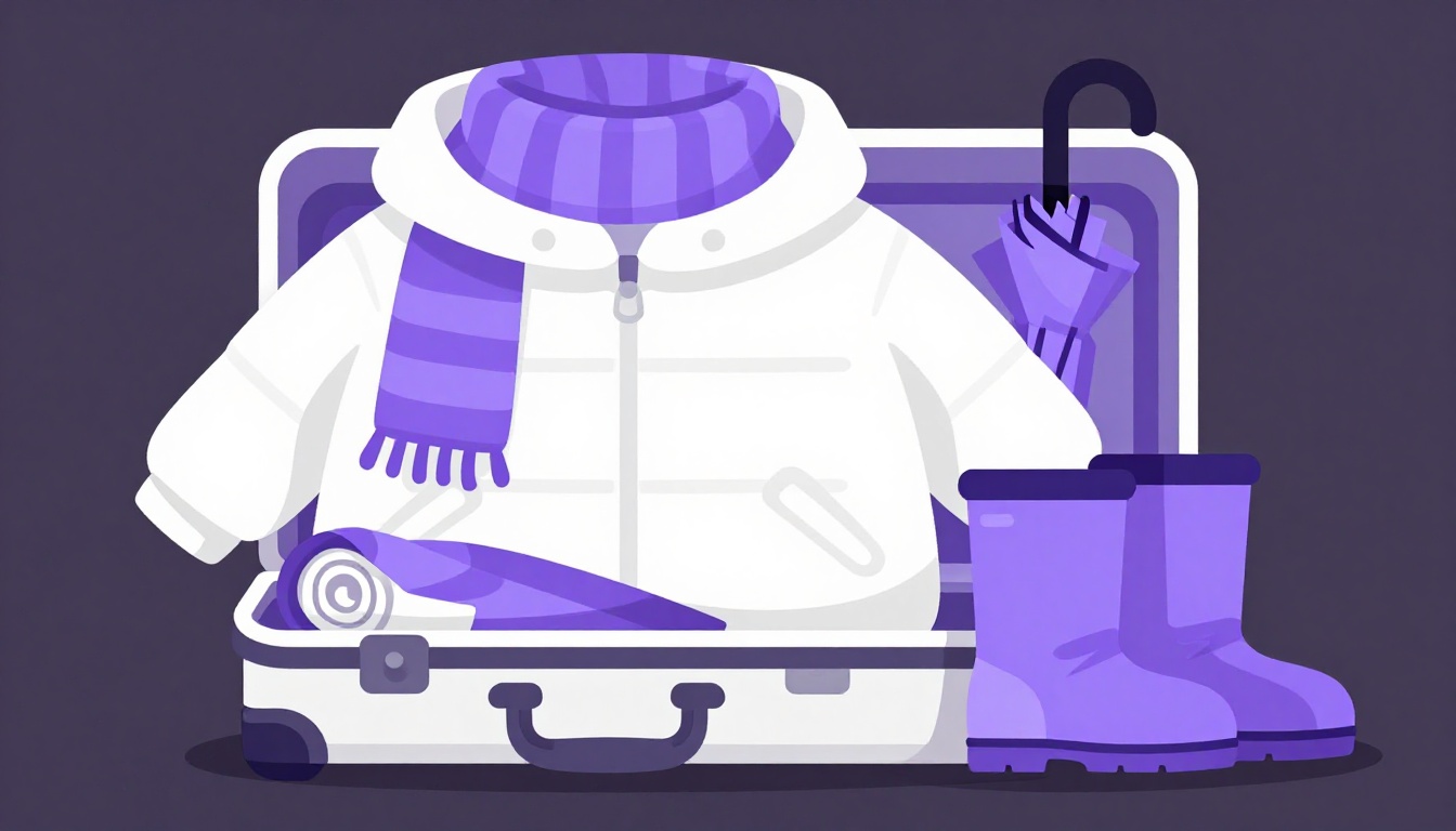 Open suitcase packed with a warm coat, scarf, umbrella and walking shoes