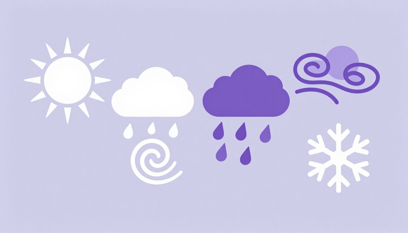 Row of weather symbols: sun, cloud, rain, wind and snow on a purple sky