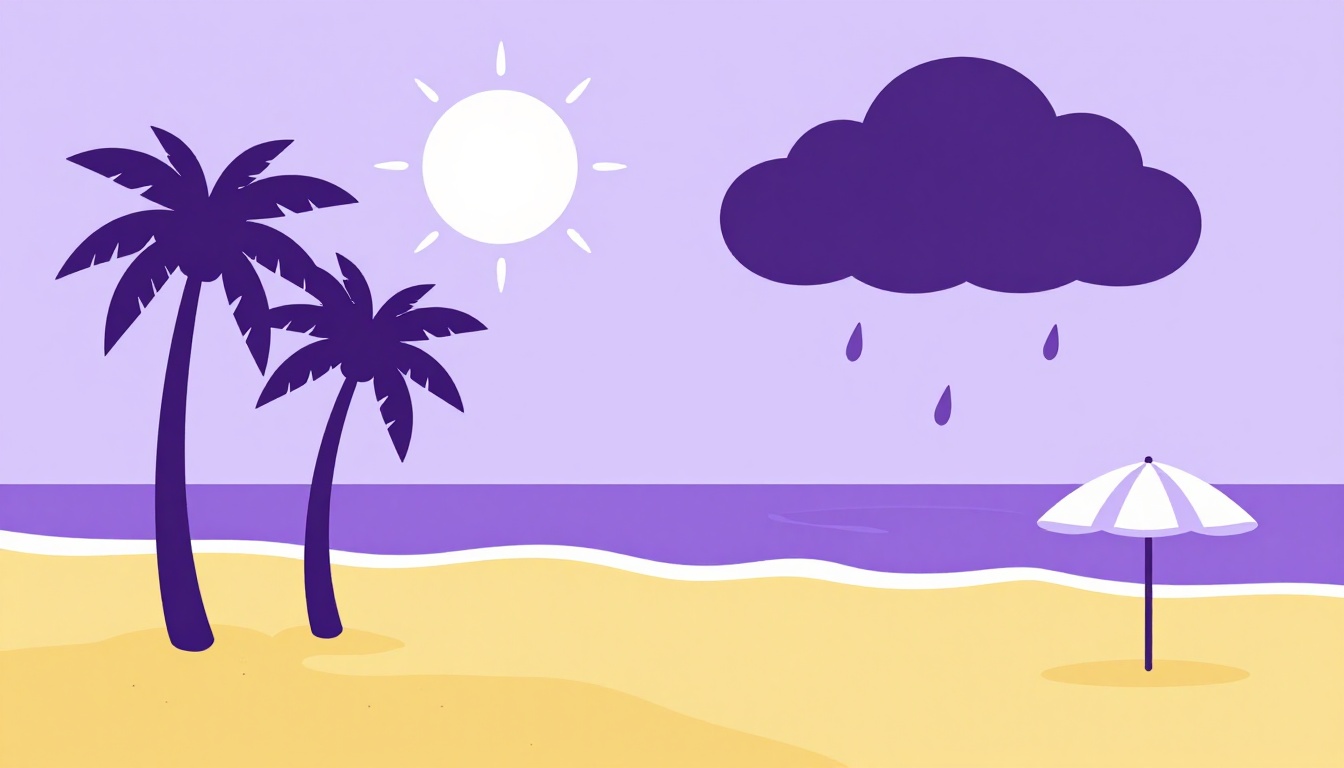 Sunny Brazilian beach in February with palm trees and a dark rain cloud on the horizon