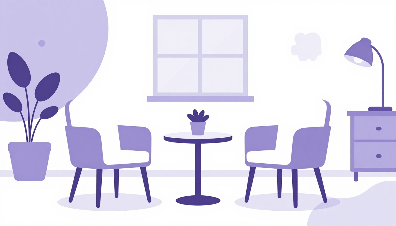 Una sala de entrevistas de trabajo vacía con dos sillas frente a una mesa pequeña, una ventana y una planta