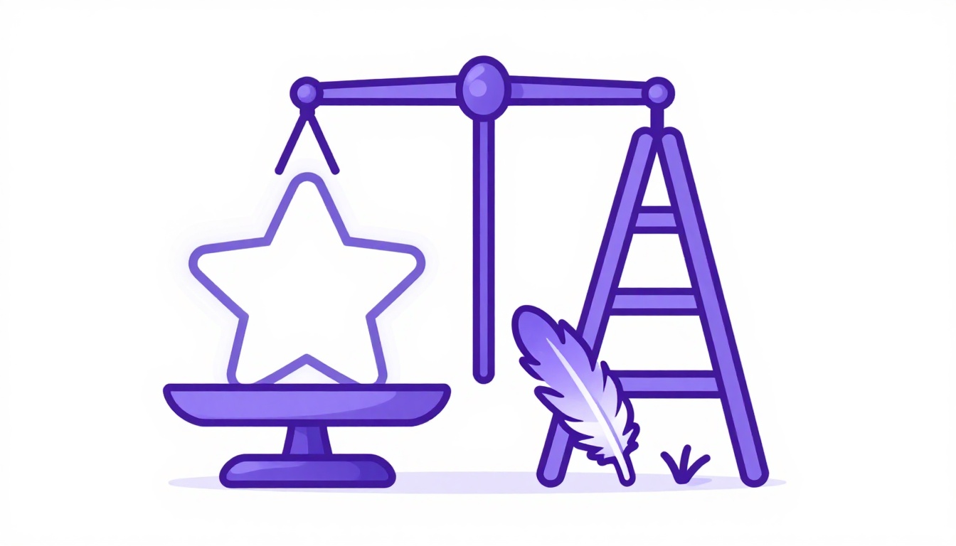 Una balanza con una estrella brillante y una pluma junto a una escalera, para hablar de fortalezas y debilidades en una entrevista