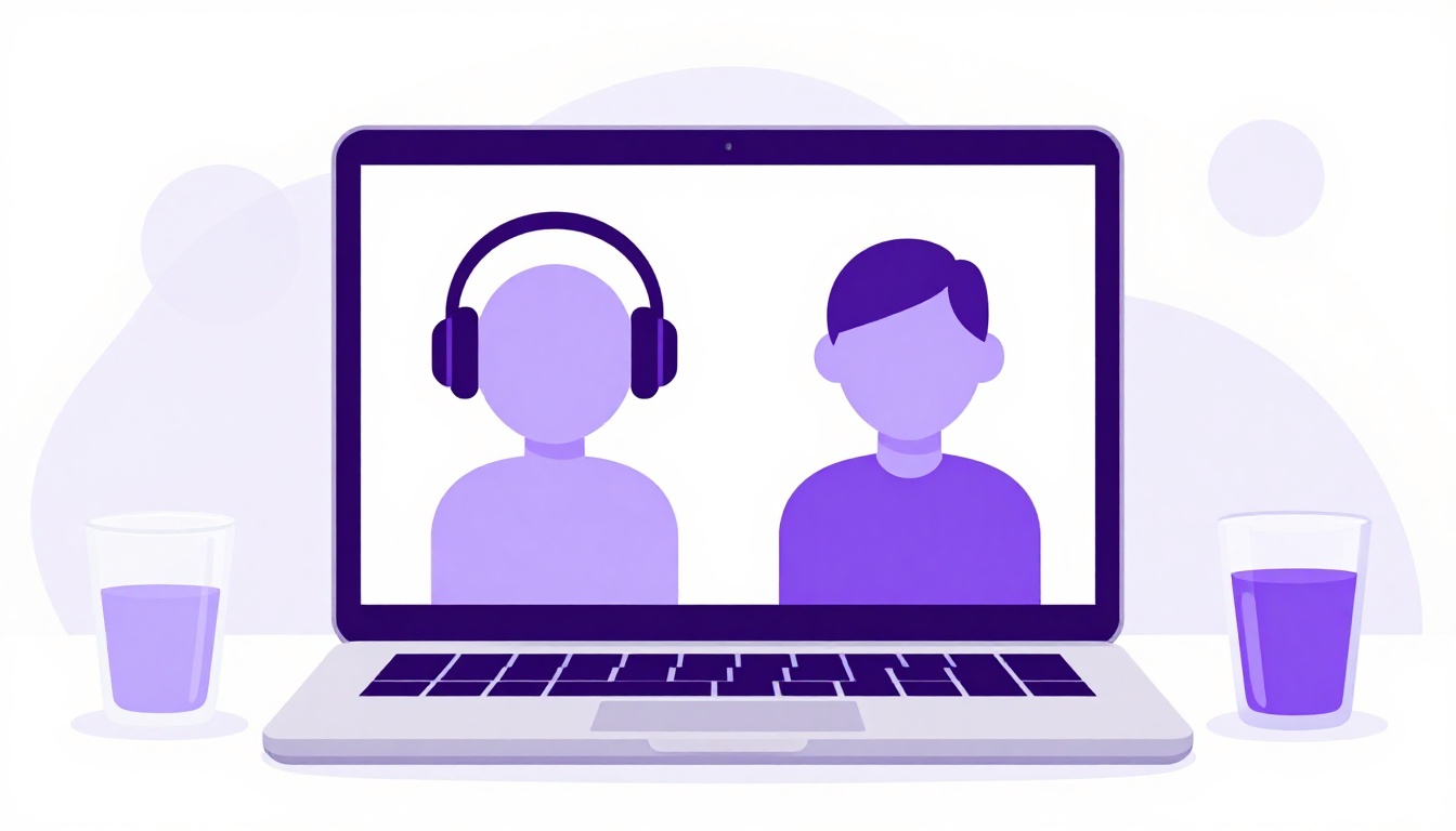 Un portátil con una videollamada en pantalla, con auriculares y dos vasos de agua a los lados, listo para una entrevista por vídeo