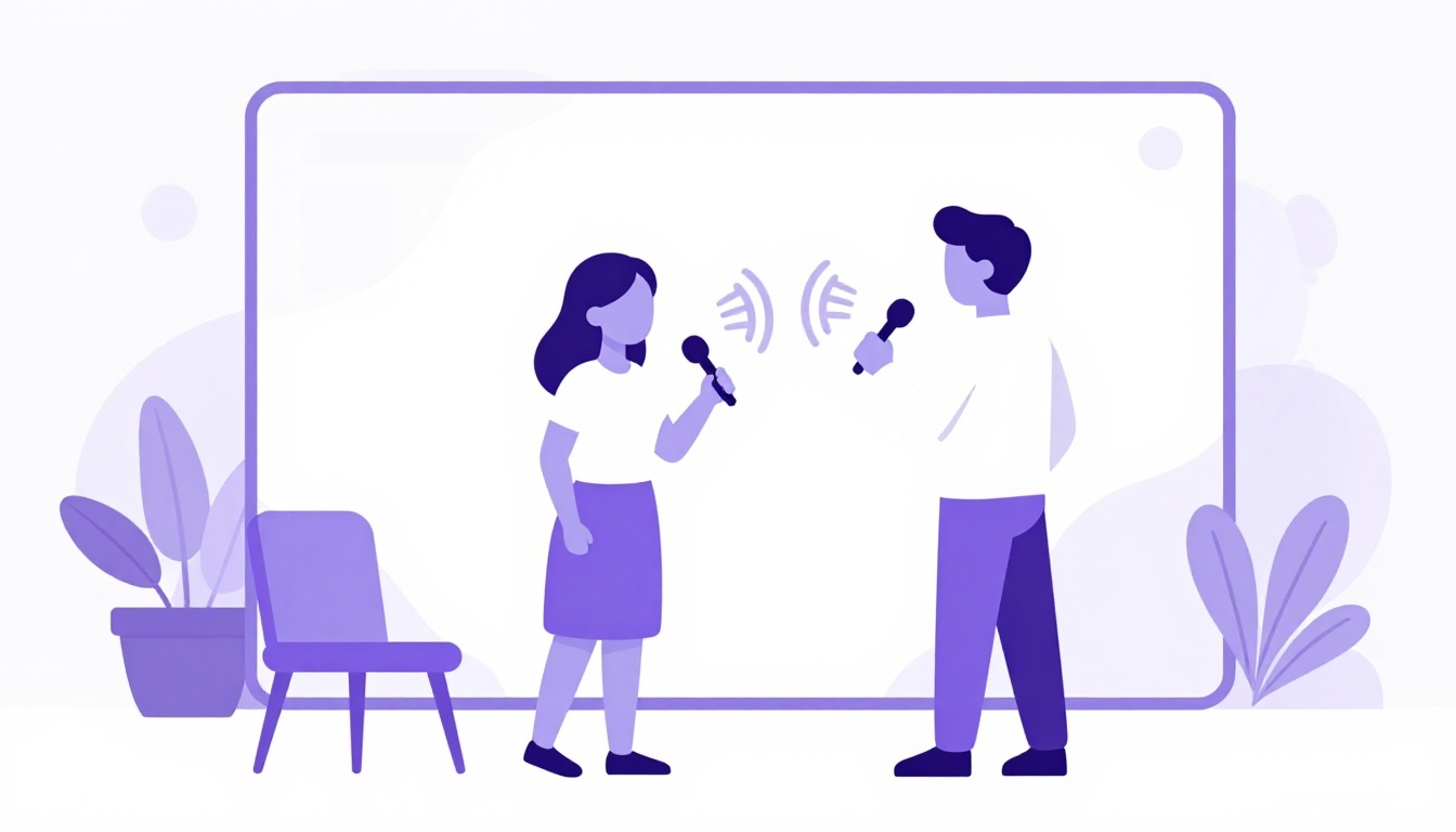 Dos personas con micrófonos ensayando una conversación en voz alta, como una práctica de entrevista