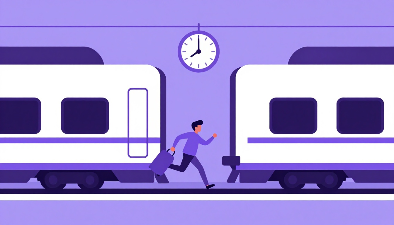 Persona con maleta corriendo hacia un tren que llega a la estación, diferencia entre on time e in time en inglés