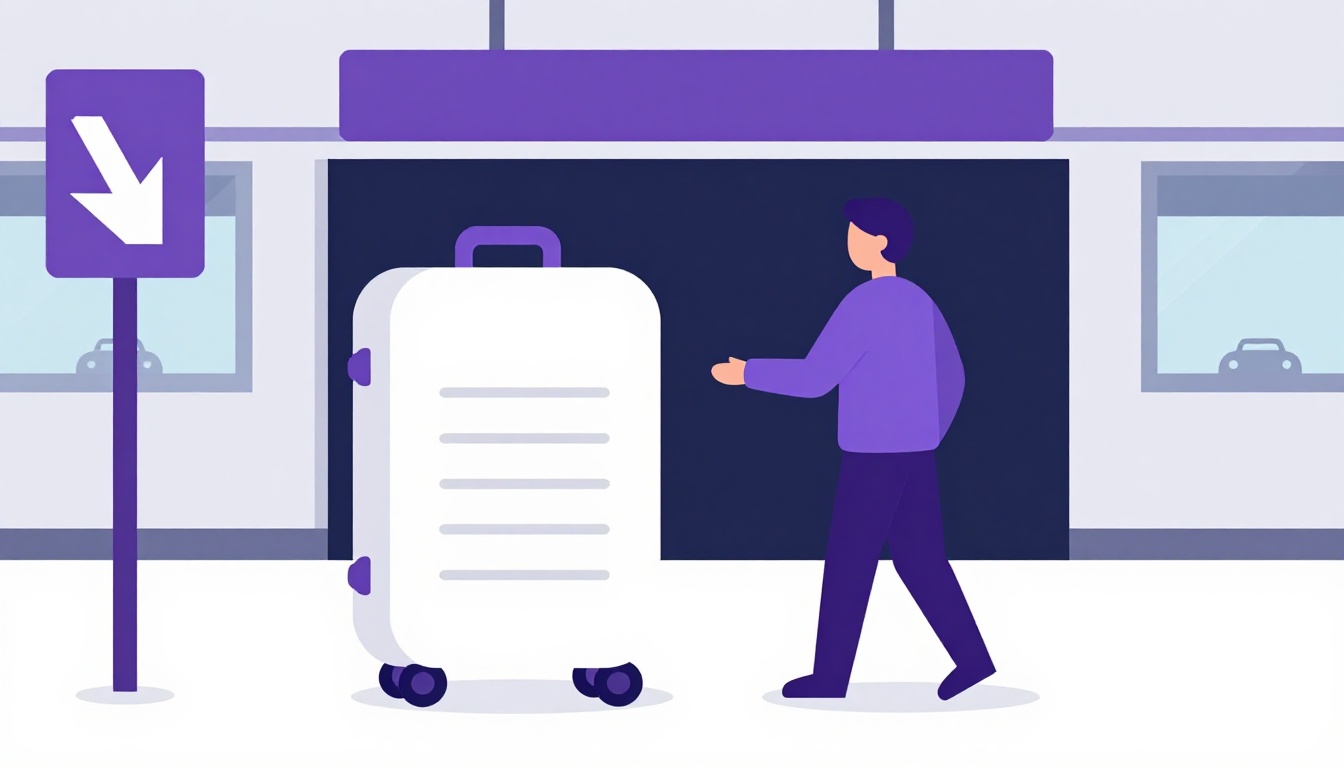 Uma mala de viagem passando por placas de aeroporto, entrando no portão de embarque, atravessando o saguão e saindo de um táxi, ilustrando preposições de movimento e direção em inglês