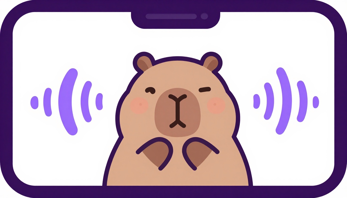 Uma tela de celular mostrando uma conversa de voz com a Capy, com ondas sonoras representando fala em tempo real, ilustrando a prática de preposições em contexto real