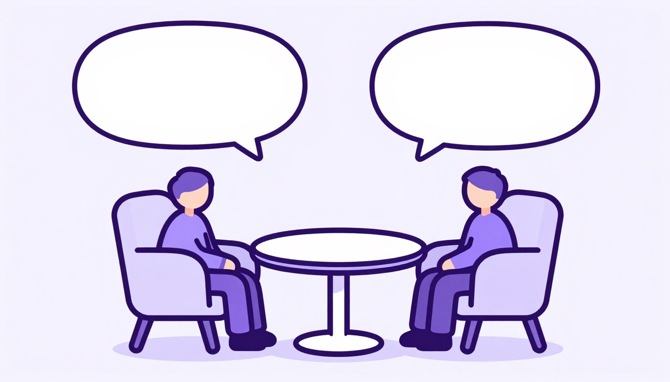 Duas cadeiras frente a frente com balões de conversa vazios, simbolizando prática de conversação em inglês