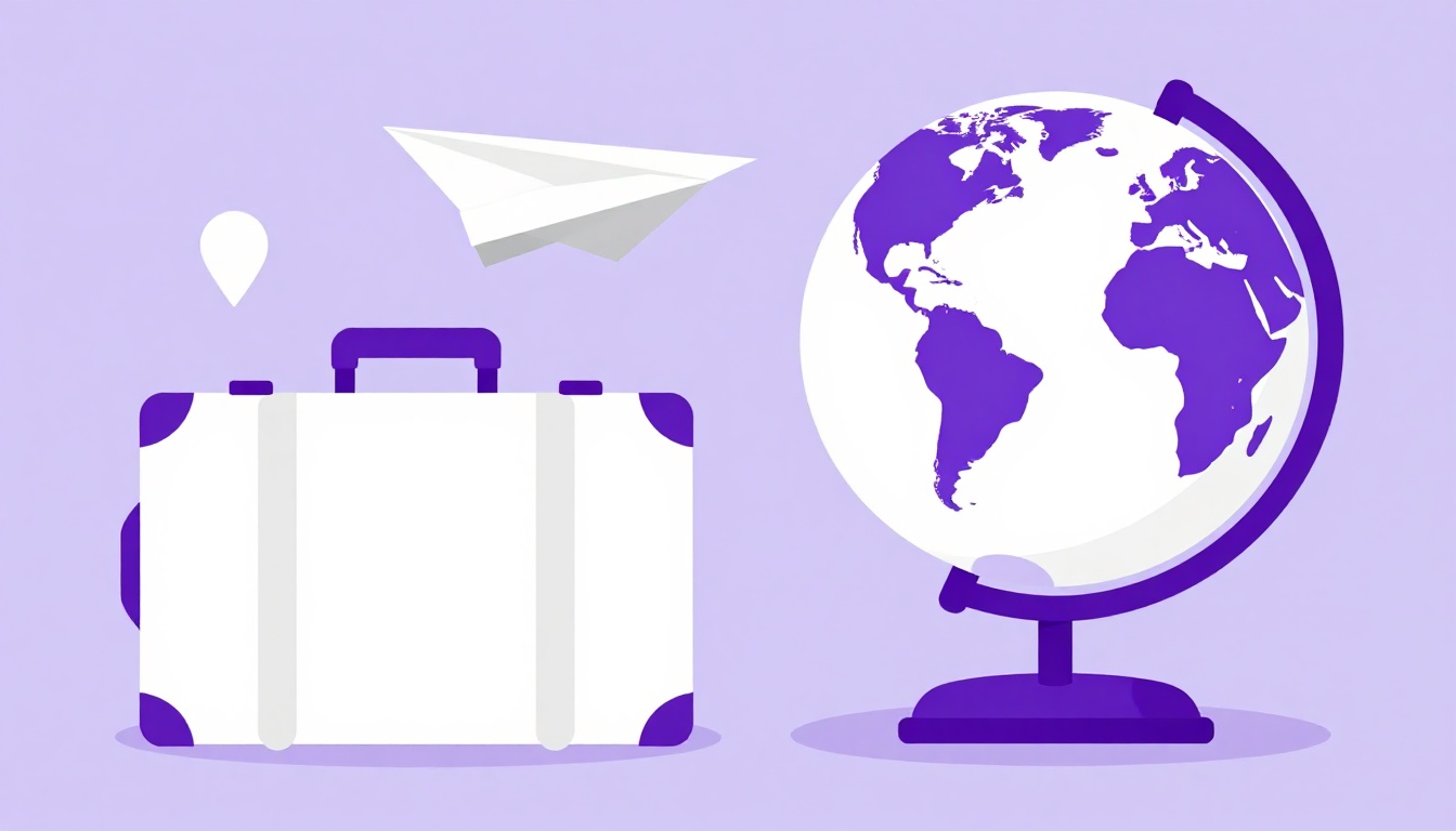 Mala e passaporte ao lado de um globo, representando perguntas de experiência de viagem em inglês
