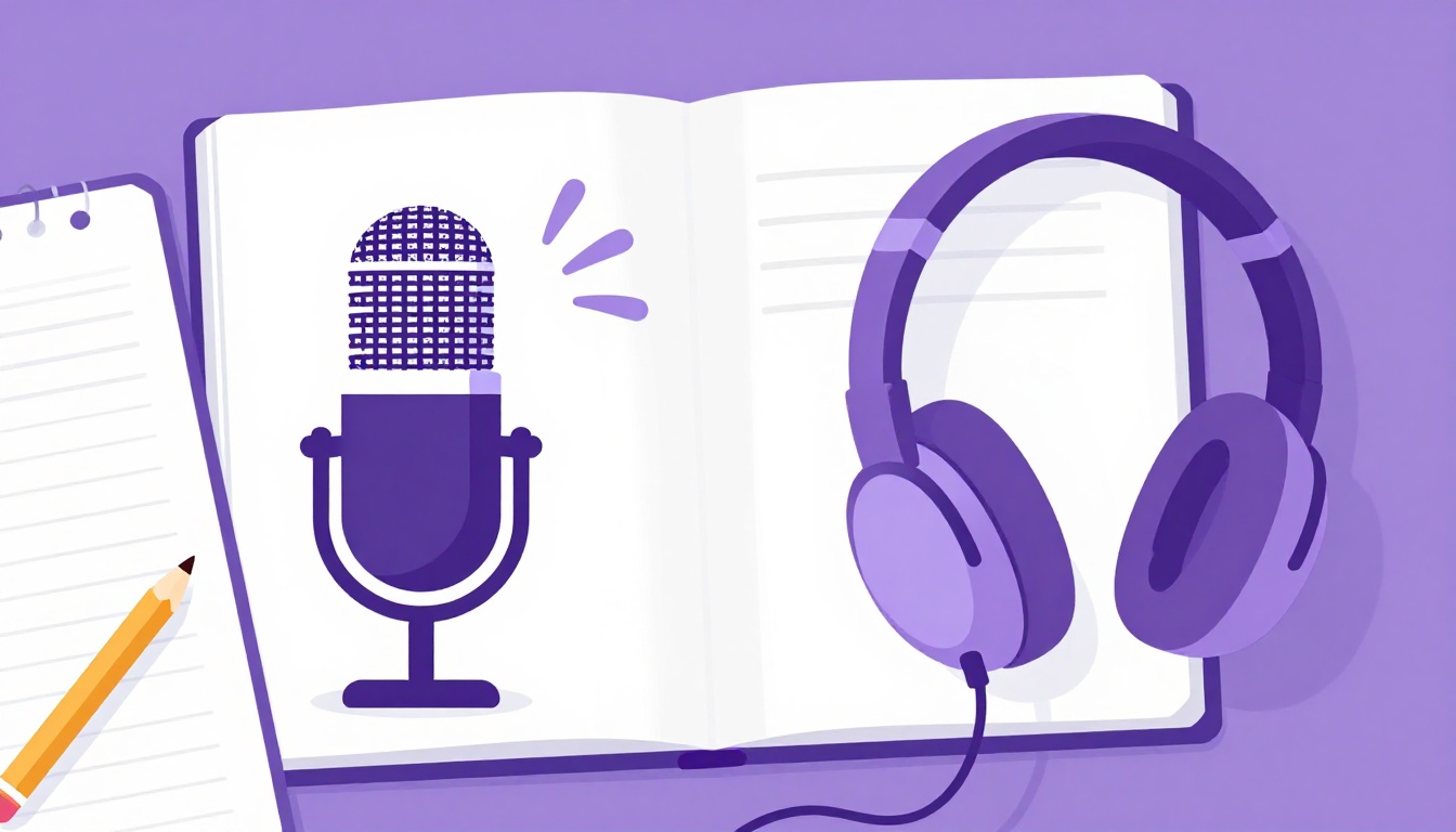 Microfone e fones de ouvido ao lado de um caderno, representando prática de fala em voz alta