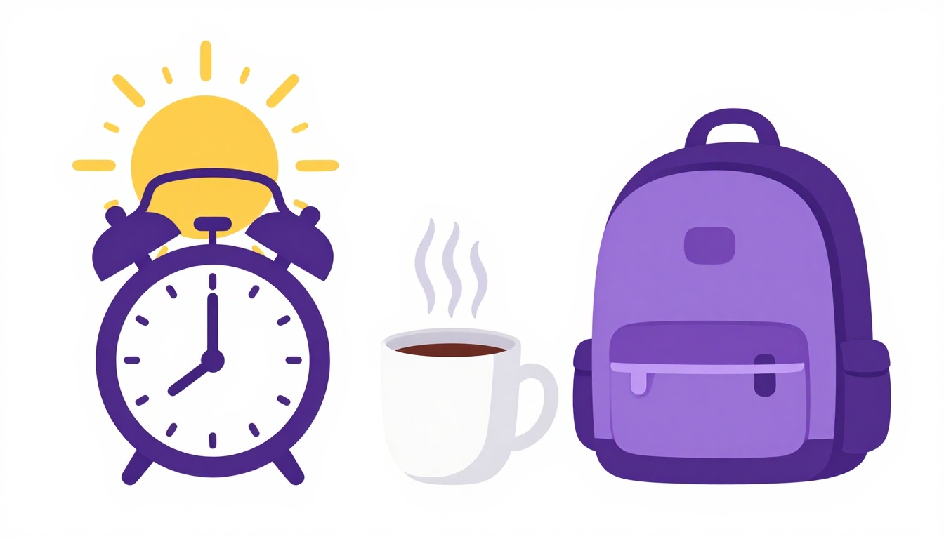 Iconos de una rutina diaria: sol, despertador, café y mochila