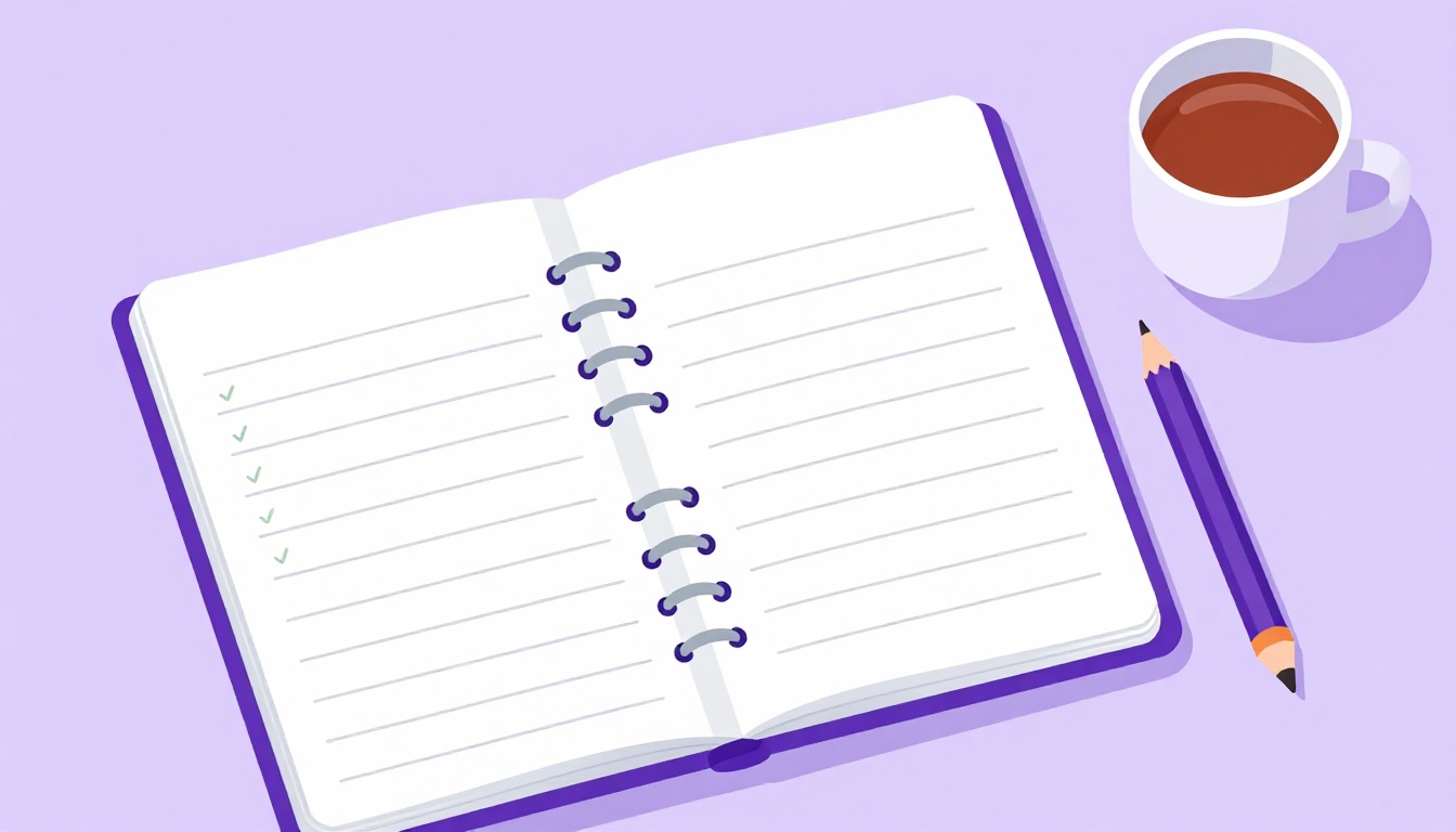 Un cuaderno abierto con lápiz y marcas de verificación