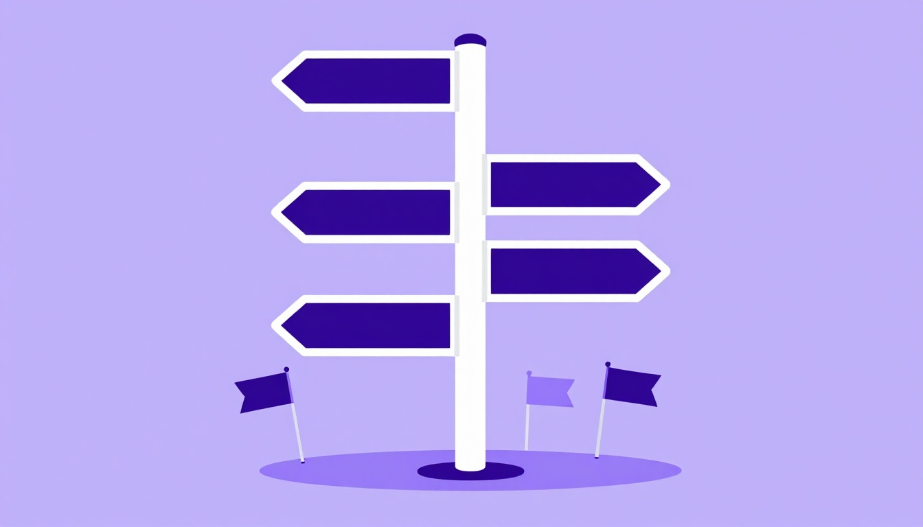 Uma placa de sinalização com várias setas em branco apontando para direções diferentes, cercada por pequenas bandeiras de países, representando a confusão sobre níveis de inglês