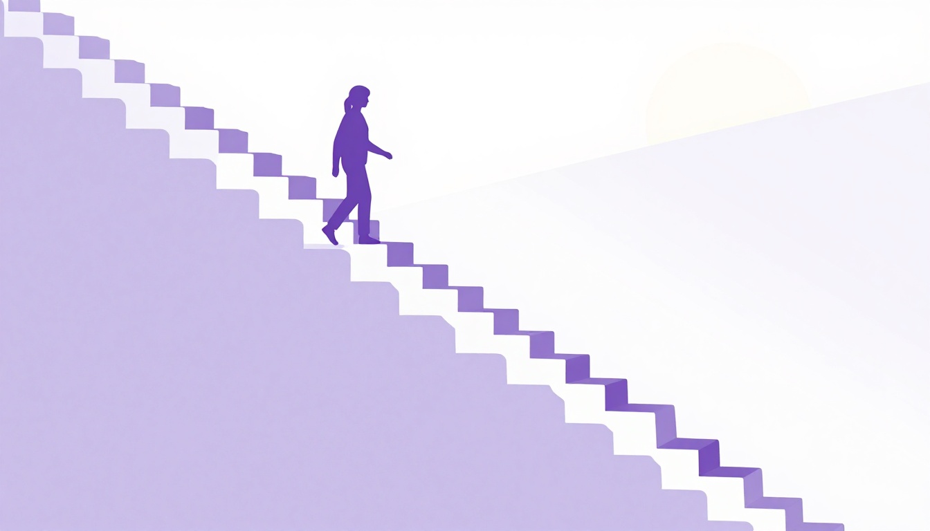 Uma pessoa subindo uma escada com seis degraus visíveis em direção a um sol nascente, representando a progressão pelos níveis de proficiência
