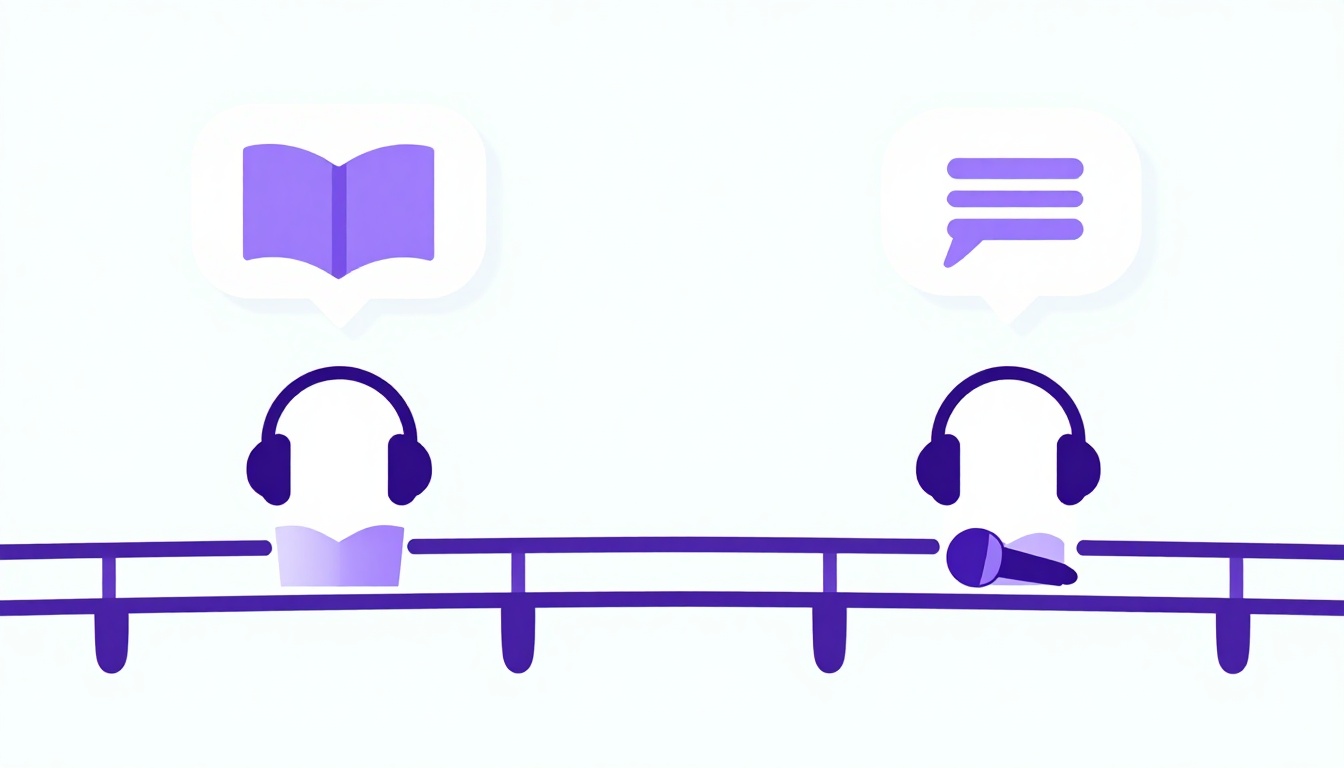 Duas pontes se encontrando no meio, de um lado ícones de livro aberto e fone de ouvido, do outro lado um balão de fala e um microfone, representando a ligação entre entender e falar
