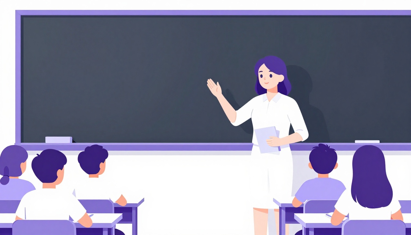 Uma sala de aula com um professor à frente do quadro e alunos sentados em carteiras levantando a mão
