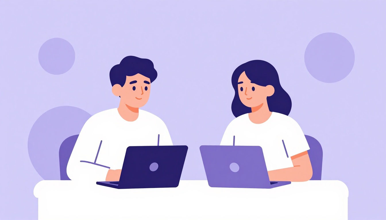 Duas pessoas conversando de forma descontraída em um escritório aberto, com laptops sobre a mesa entre elas