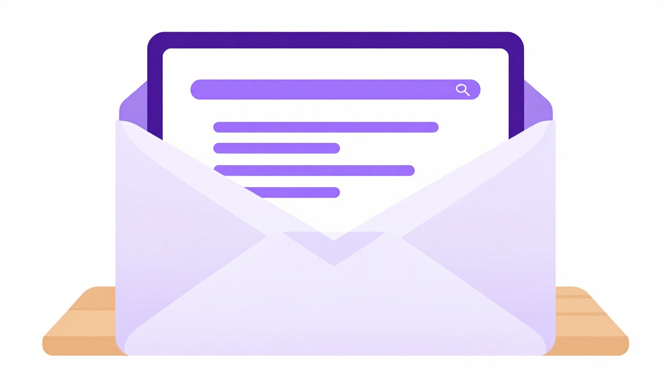 Um envelope de carta ao lado de um laptop aberto mostrando uma tela de e-mail, sobre uma mesa de madeira
