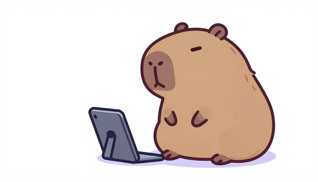 Um capivara de pelagem marrom natural com focinho marrom mais escuro, cores realistas de capivara, não branca, não roxa, vestindo um chapéu pequeno e conversando de forma animada com um smartphone apoiado em frente