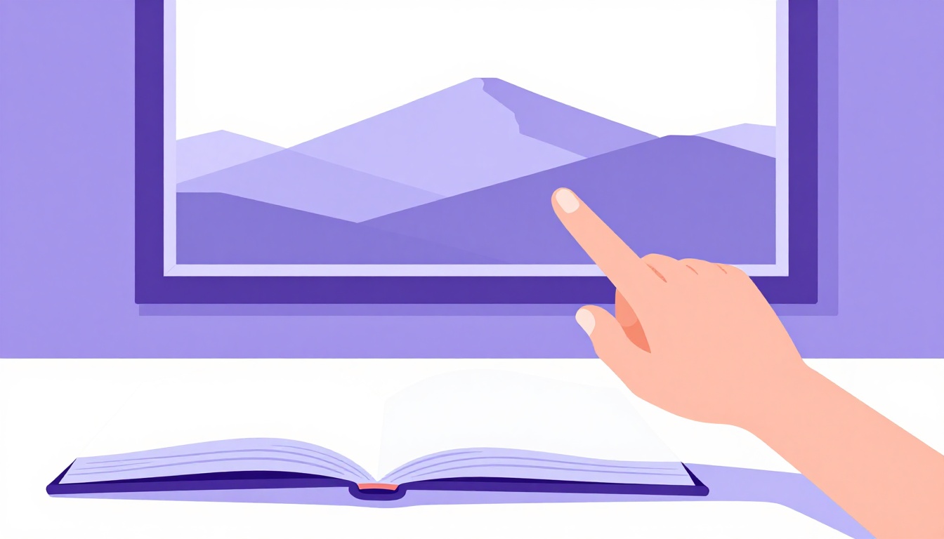 Duas mãos apontando, uma para um livro próximo sobre a mesa e outra para uma paisagem distante pela janela, representando a ideia de perto e longe