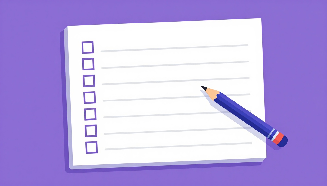 Caderno aberto com um lápis ao lado e uma lista de caixas de verificação vazias, representando uma lista de exercícios de gramática