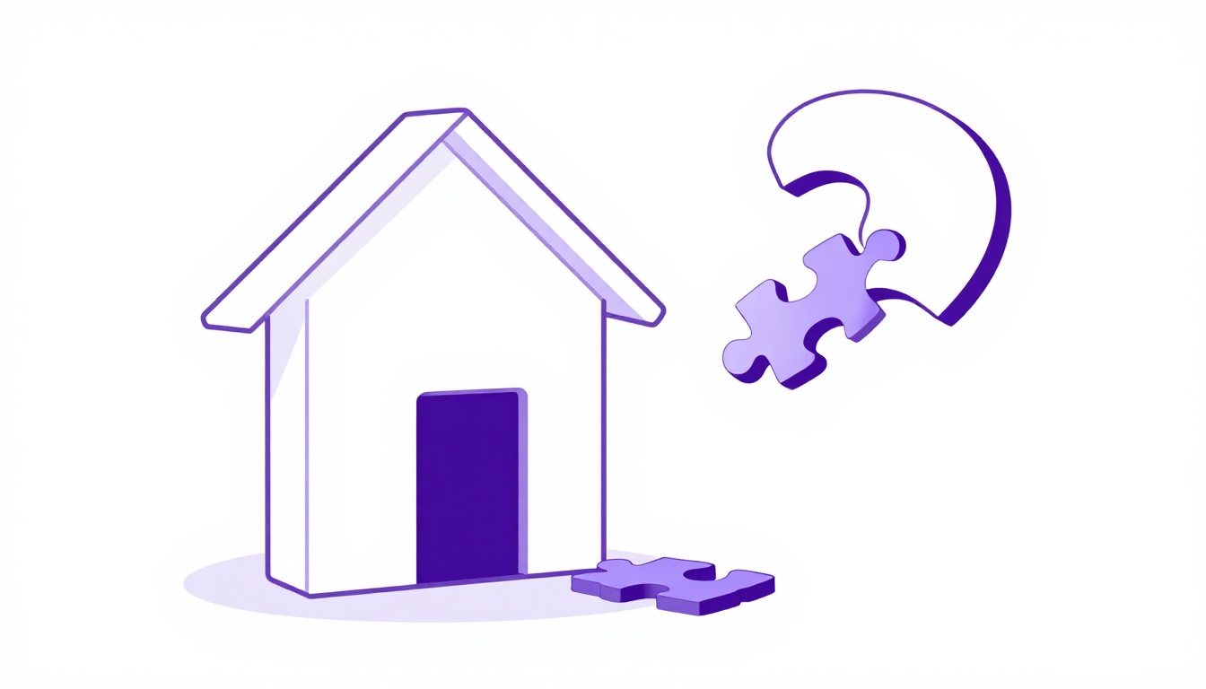 Uma casa com a porta aberta e uma peça de quebra-cabeça em formato de seta flutuando perto da porta, representando a preposição que fica no fim da oração relativa em inglês