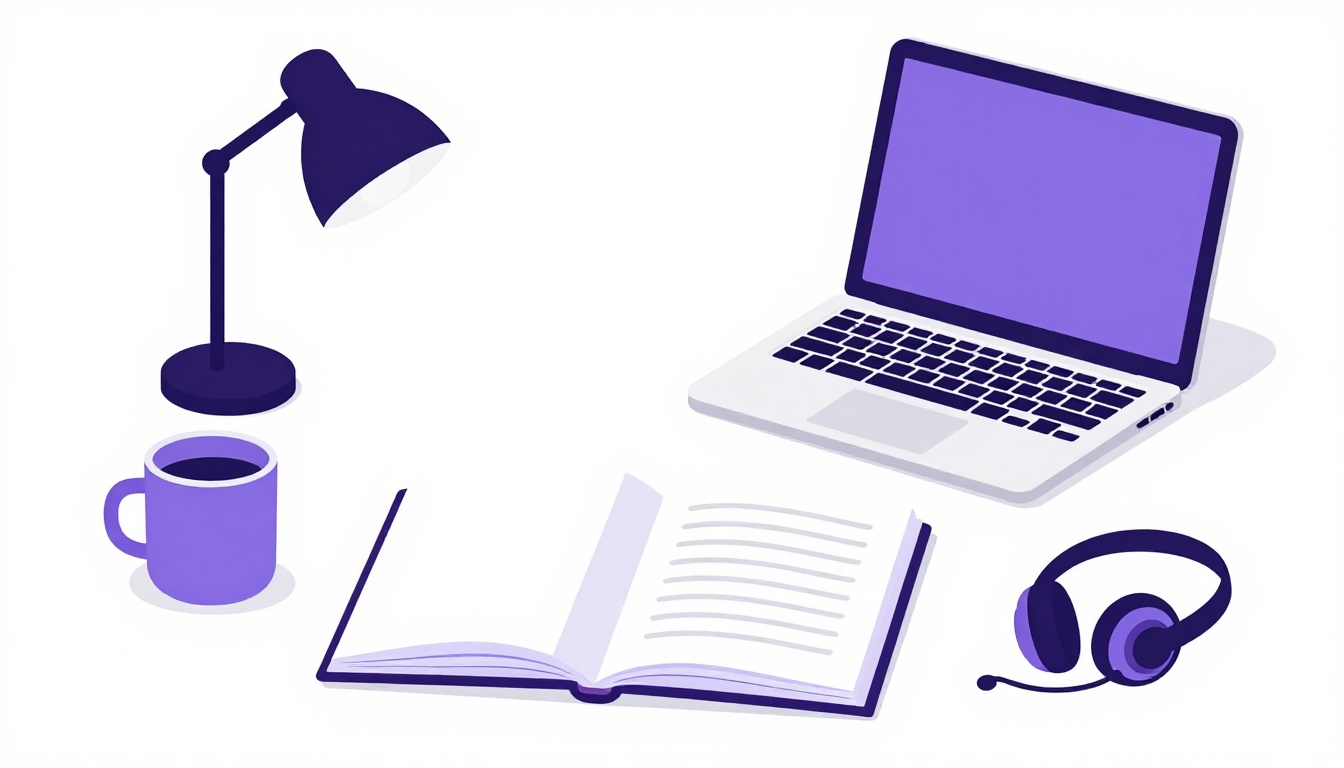 Mesa de estudos com caderno, caneca e relógio, cena de quem aprende inglês sozinho