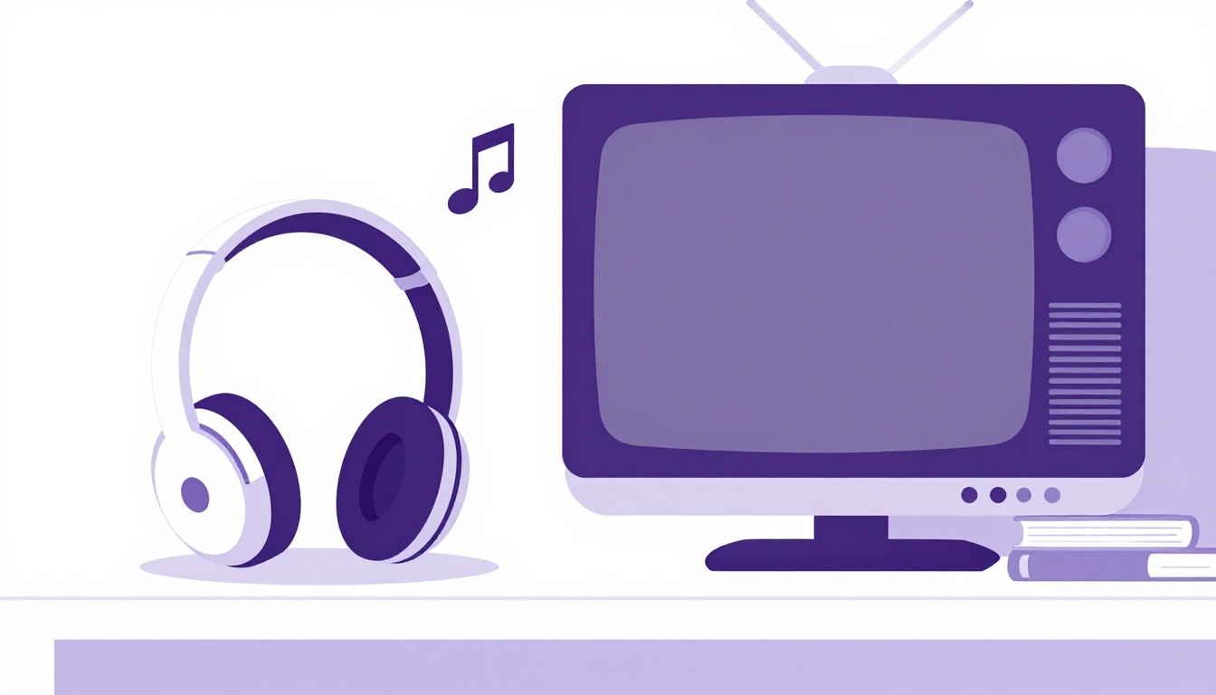 Fones de ouvido, televisão e livros empilhados, imersão em inglês em casa com séries, música e livros
