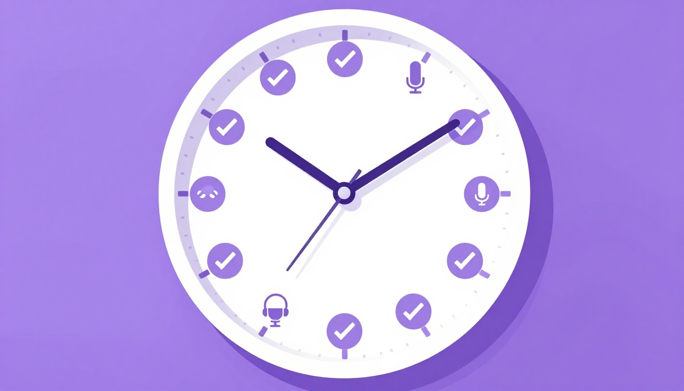 Relógio com marcações de check ao redor, representando uma rotina diária de 30 minutos para aprender inglês