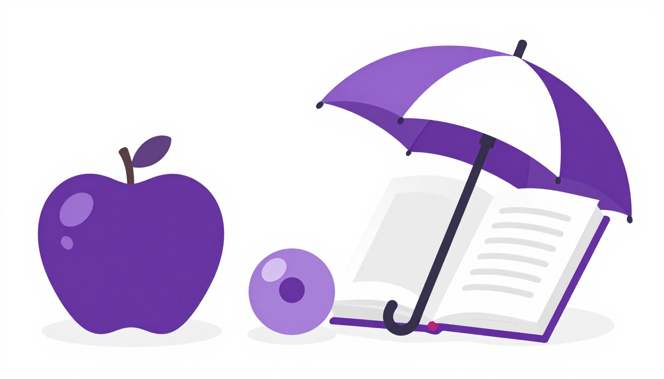 Objetos do dia a dia como maçã, guarda-chuva e livro representando exemplos de palavras com an e a em inglês