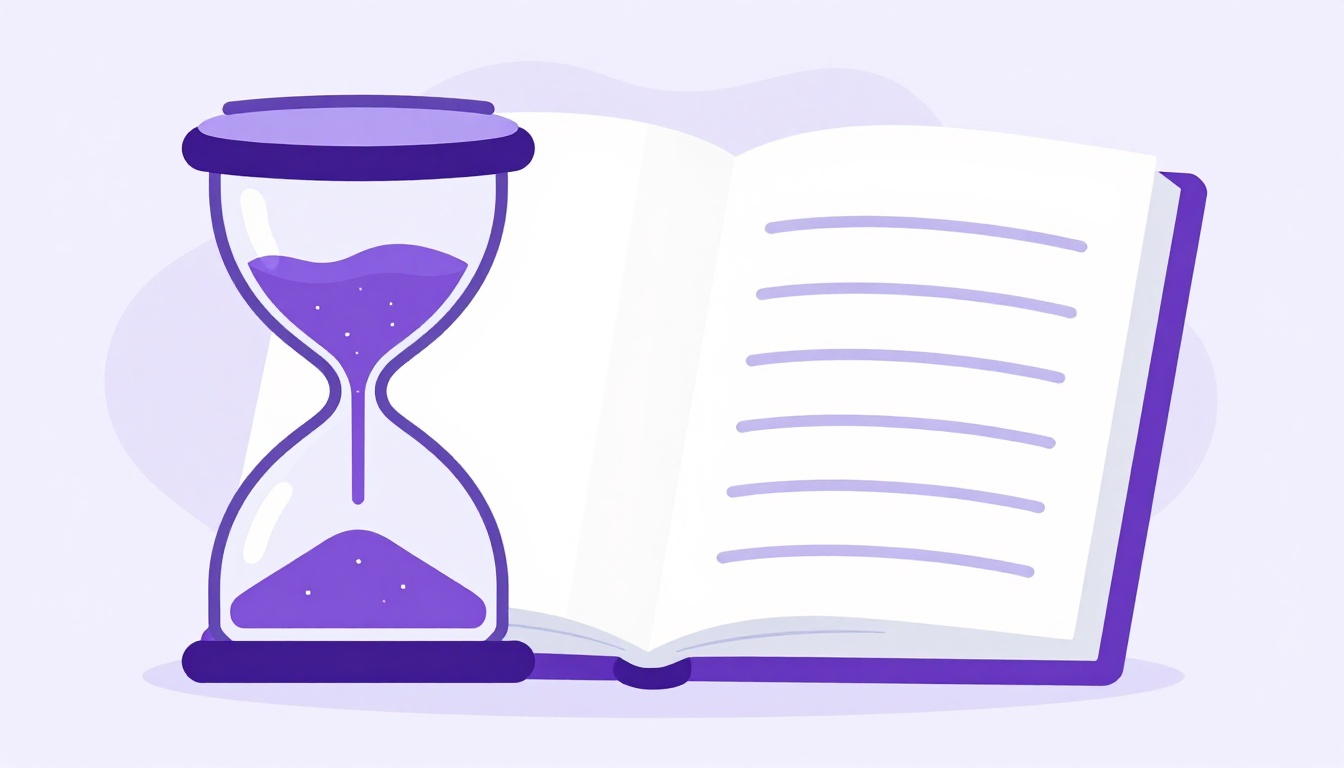 Uma ampulheta ao lado de um caderno aberto com linhas de anotações, representando as horas de estudo necessárias para ficar fluente em inglês
