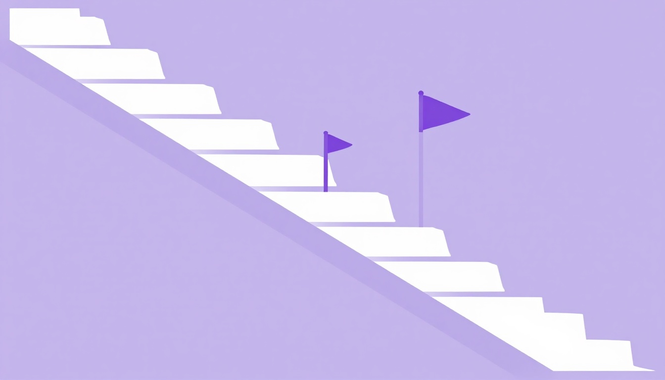 Uma escada com degraus cada vez mais altos e uma bandeira fincada num dos degraus do meio, representando a progressão pelos níveis do CEFR até a fluência