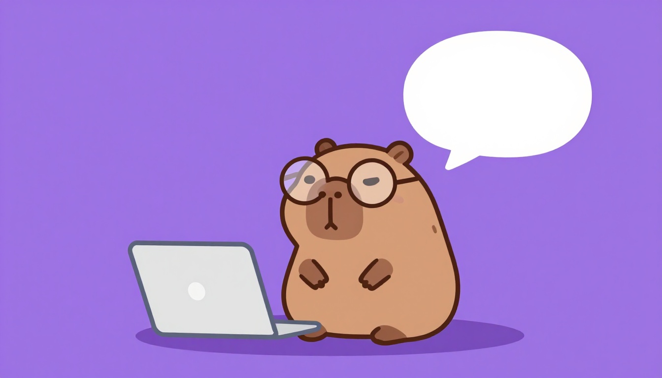 Um pequeno capivara de óculos, sentado calmamente segurando um balão de fala, representando o momento de reconhecer que você já é fluente