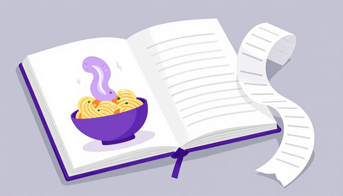 Livro de receitas aberto ao lado de um recibo de papel, mostrando a diferença entre recipe e receipt em uma receita em inglês simples