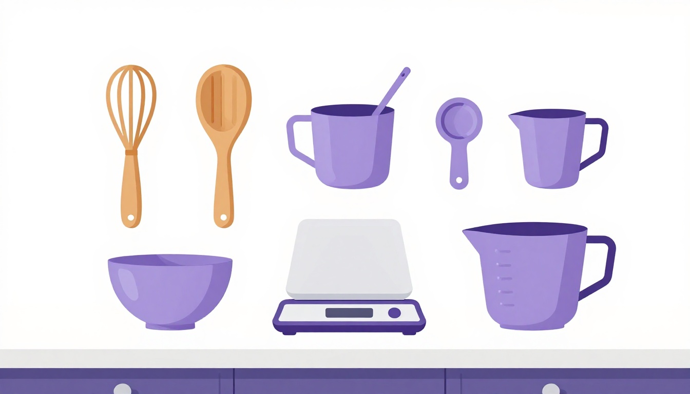 Xícaras medidoras, colheres e balança de cozinha lado a lado para medir ingredientes de uma receita em inglês simples