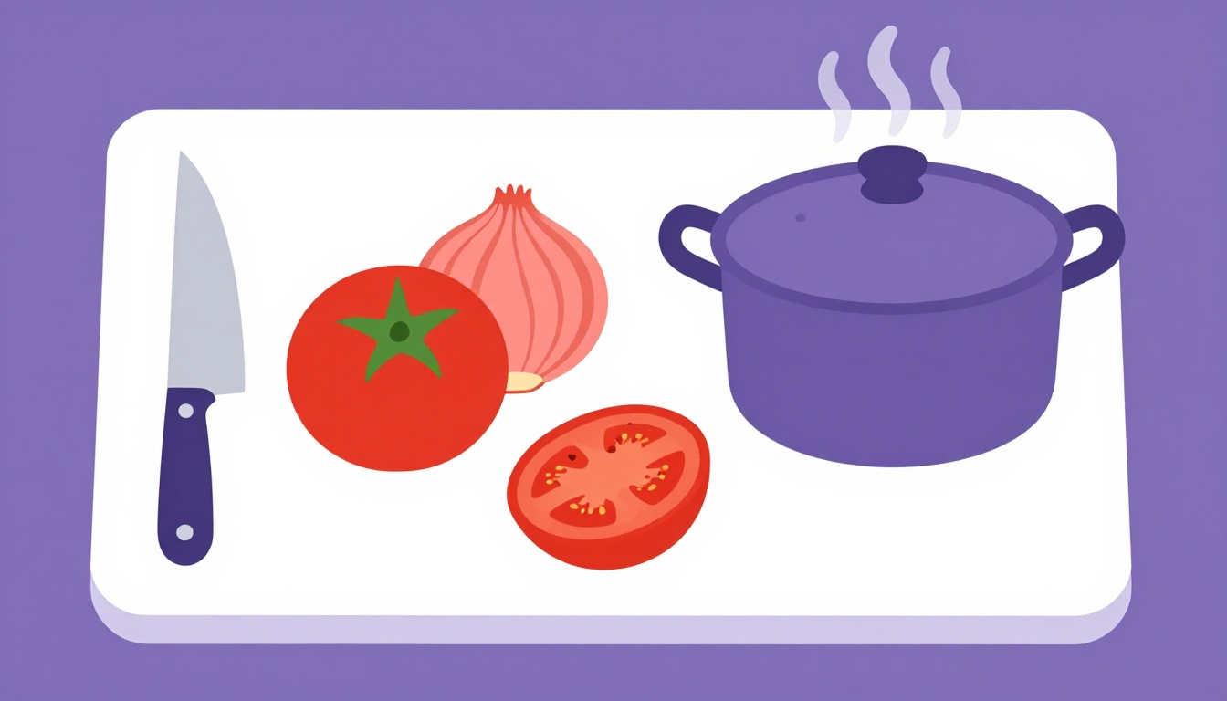 Tábua de corte com legumes frescos e uma panela no fogão, cenário de uma receita em inglês simples