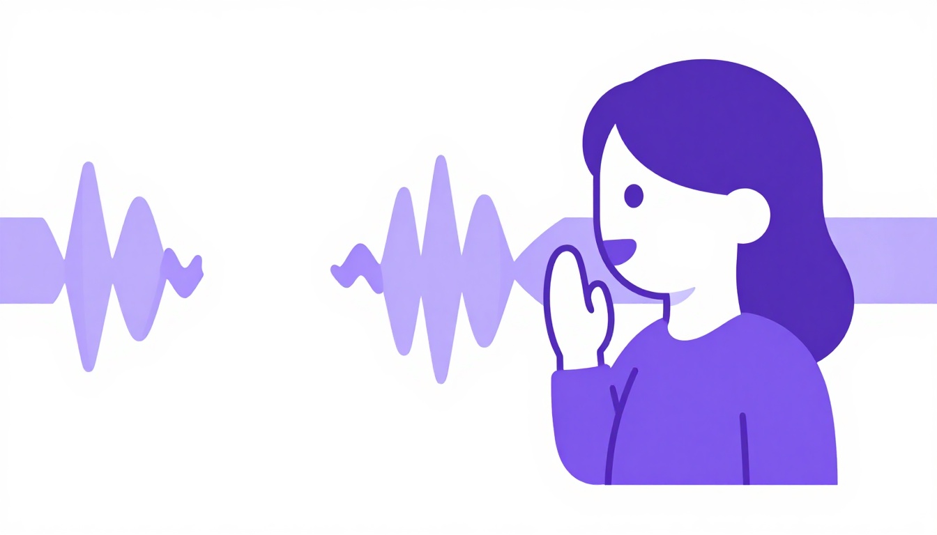 A simple illustration of a mouth mid word next to a sound waveform, representing Portuguese pronunciation practice