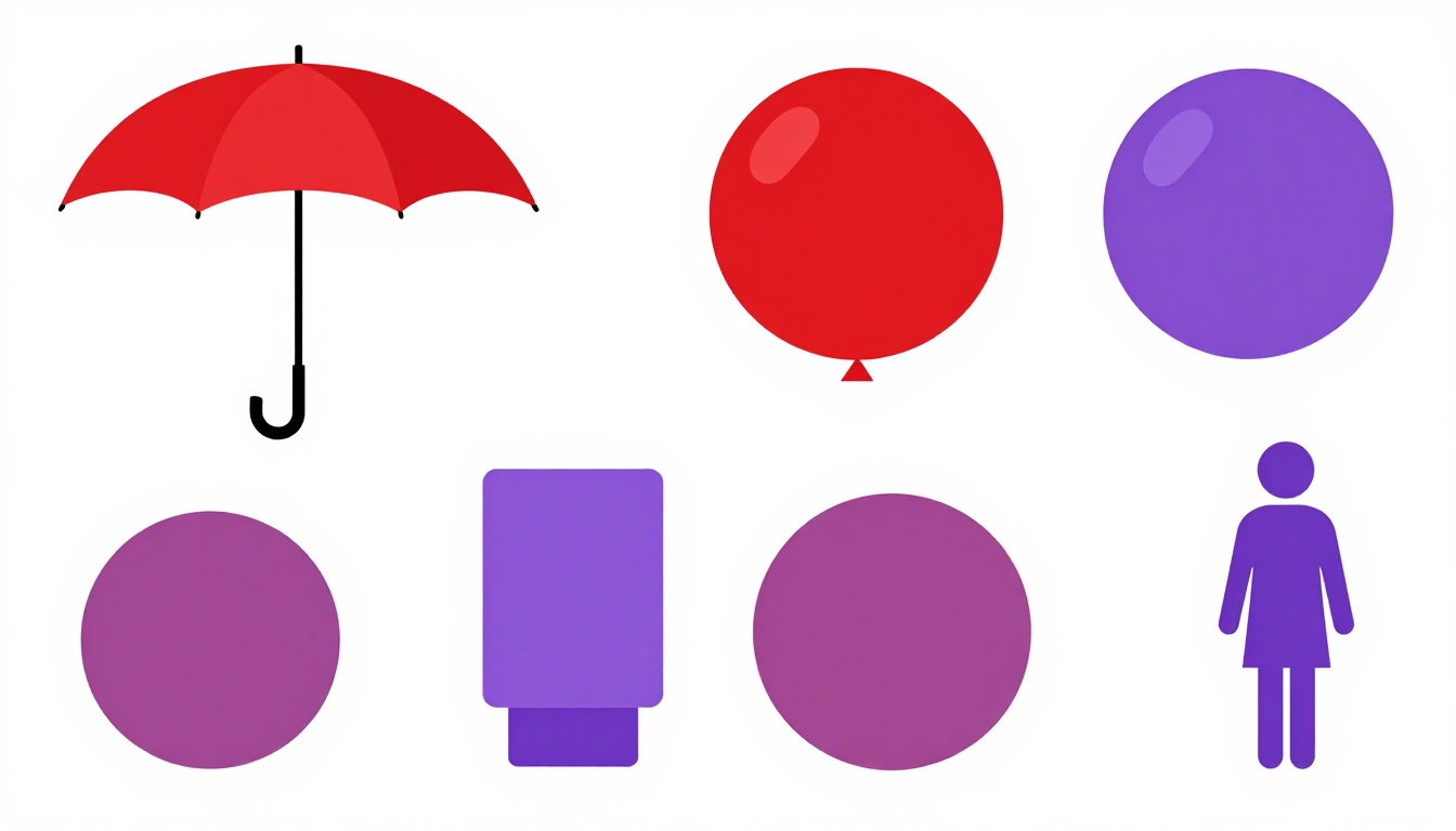 A flat illustration of a red umbrella, a red balloon, and a stop sign arranged together outdoors