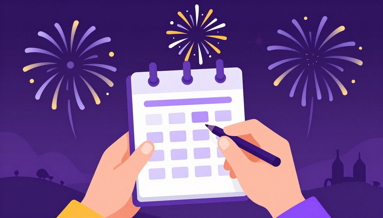 A flat 2D vector illustration of fireworks lighting up a night sky over a festive New Year's Eve celebration