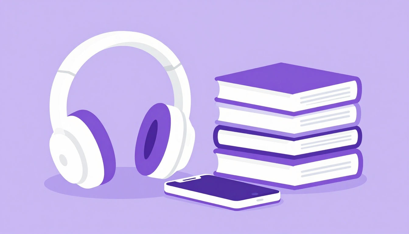 Mesa organizada com fones de ouvido, celular e livros representando as ferramentas de estudo