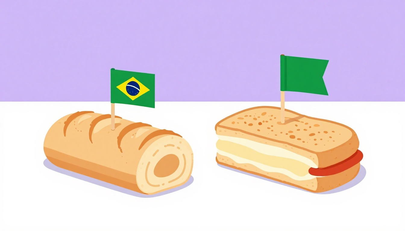 Two sandwiches side by side, a crusty roll with a Brazilian flag and a toasted cheese sandwich with a green flag, showing sandwich in Portuguese in Brazil and Portugal