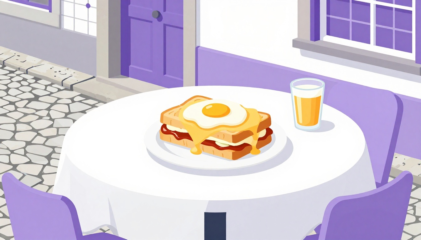 A francesinha topped with a fried egg and melted cheese on a cafe table in Porto