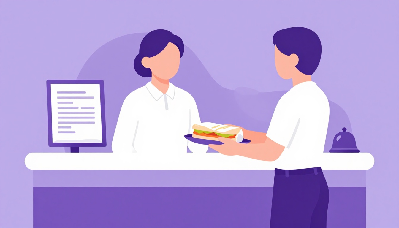A customer ordering at a counter while a server hands over a wrapped sandwich