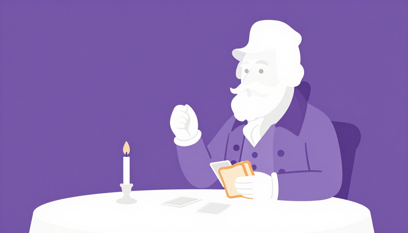 An eighteenth century gentleman in a powdered wig playing cards while holding a sandwich