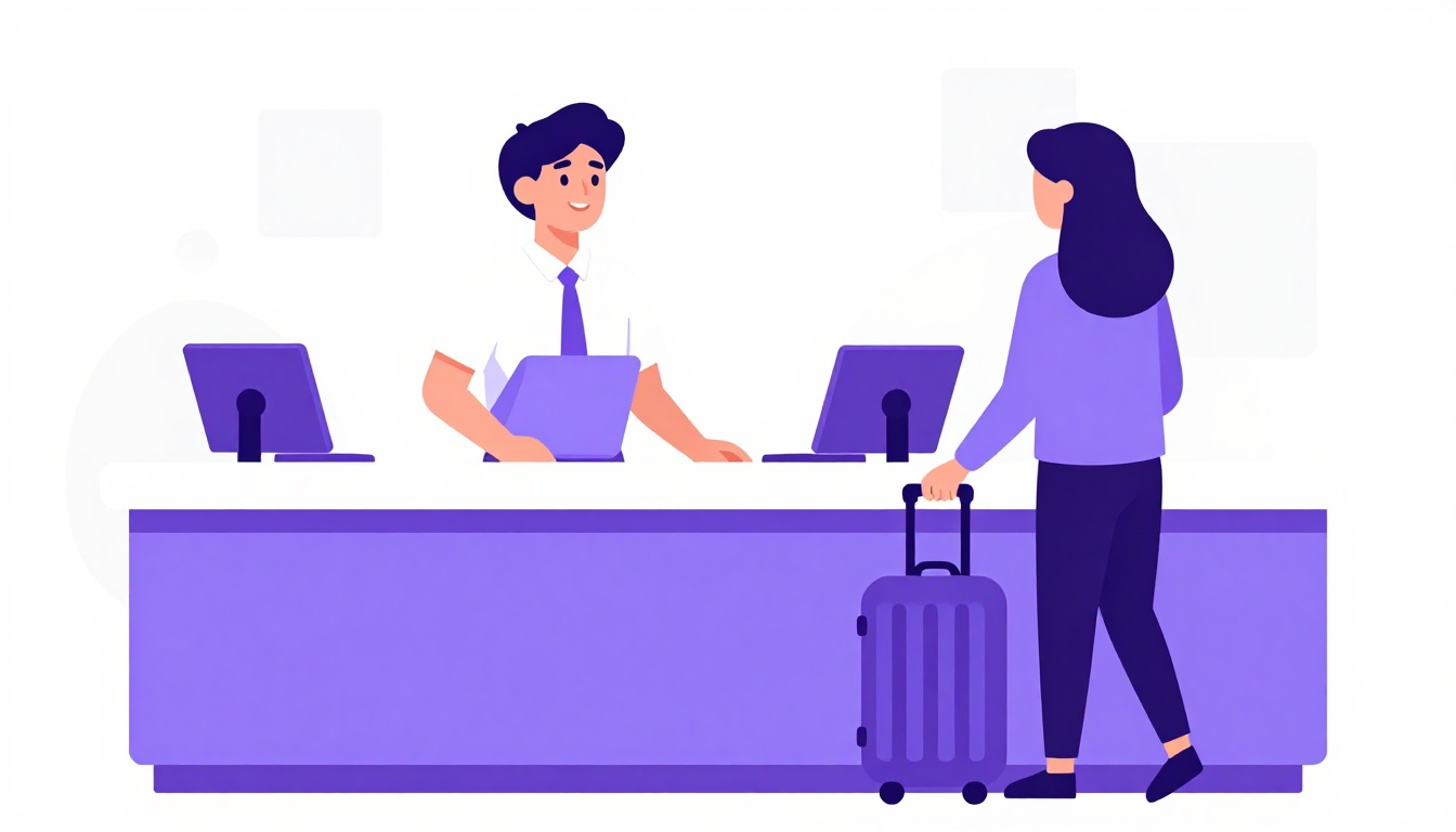 recepcionista de hotel sorrindo e cumprimentando um hóspede no balcão de check-in