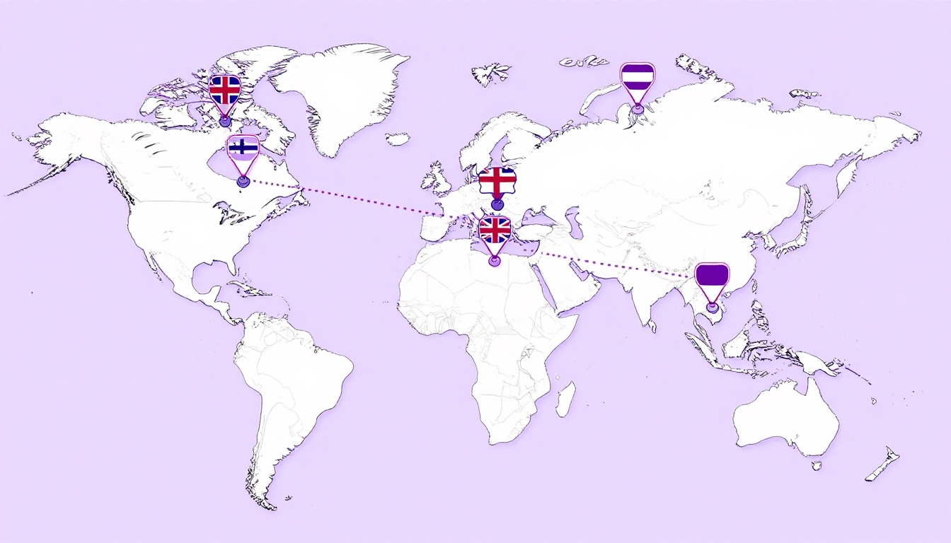 mapa mundi com bandeiras dos Estados Unidos, Reino Unido e Austrália conectadas por linhas pontilhadas