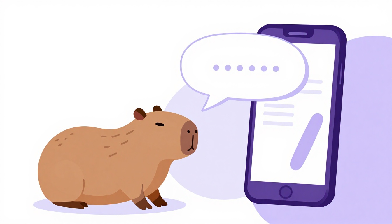 pessoa praticando pronúncia em frente ao celular com um capivara mascote ao lado, balão de fala com hello