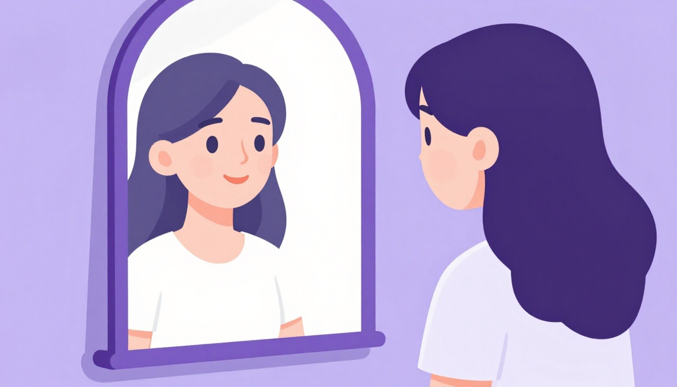 Mulher sorrindo se olhando no espelho refletindo uma versão mais confiante de si mesma, luz suave da manhã